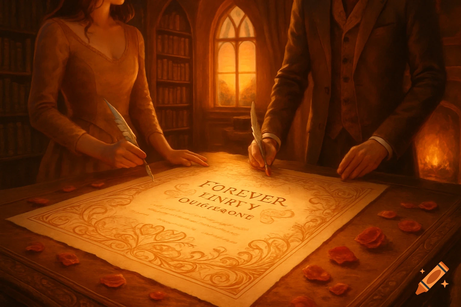 A man and a woman in historical attire sign a large parchment document with quills, illuminated by a warm glow in a library-like setting. The document reads 'FOREVER' and other illegible text, surrounded by wax seals.