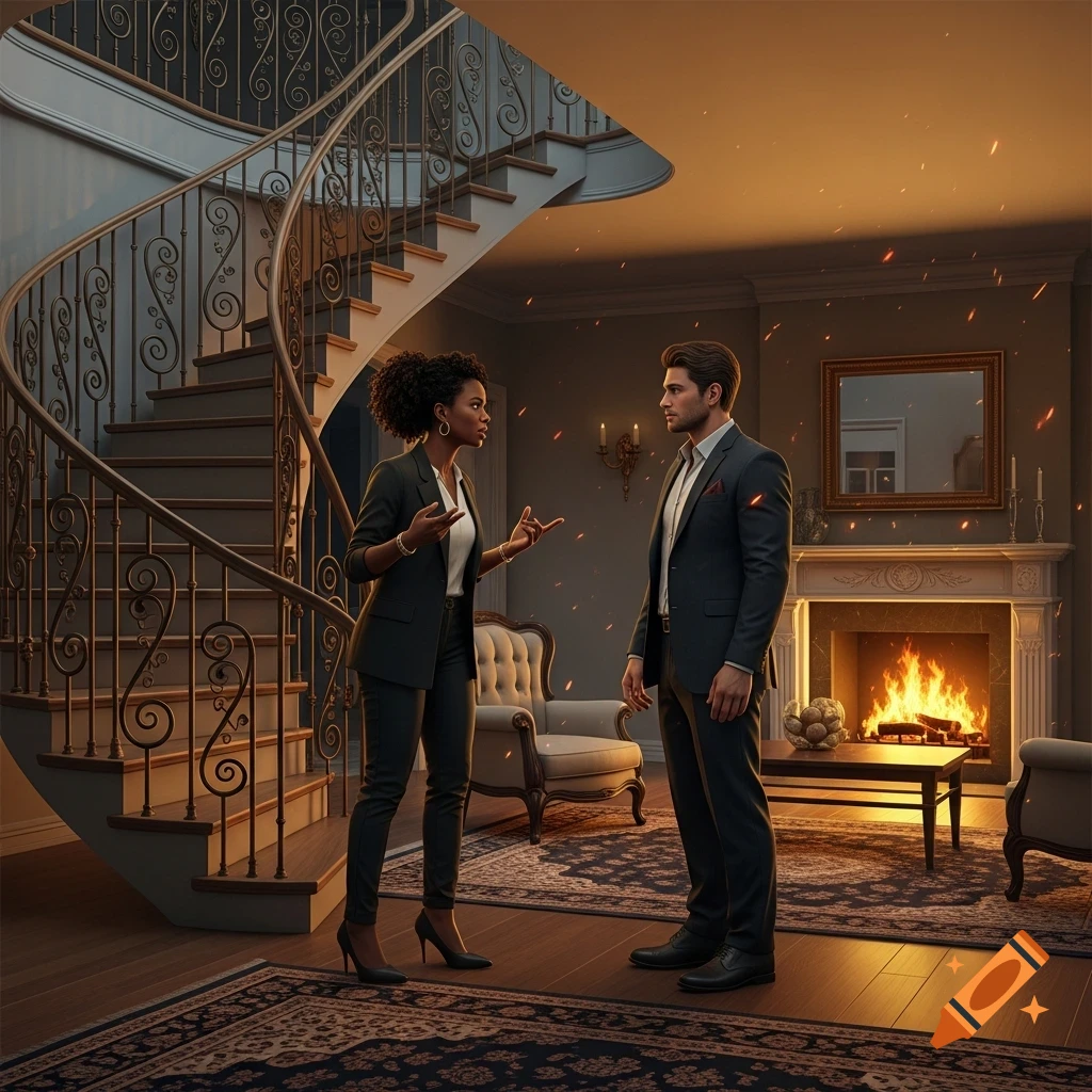 A black woman and a white man argue in an elegant house with a spiral staircase and a lit fireplace, photorealistic.