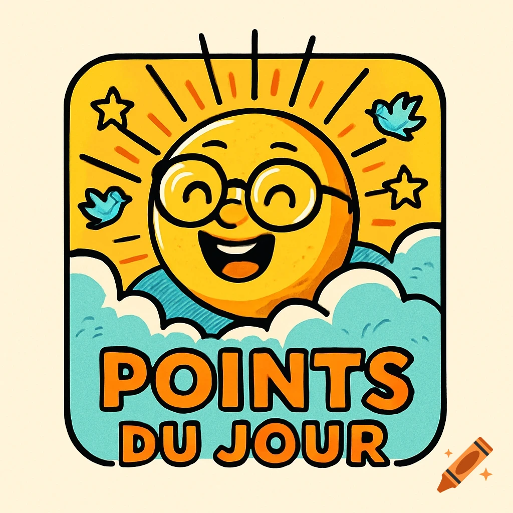 Comic icon of a smiling sun with glasses, clouds, and birds, with text 'POINTS DU JOUR'.