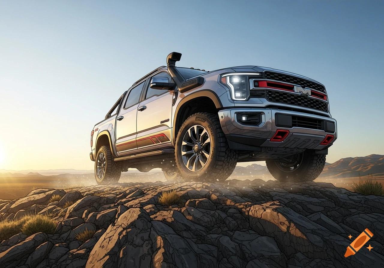 A stylized off-road pickup truck with a snorkel drives over rocky terrain under a clear sky at sunset.