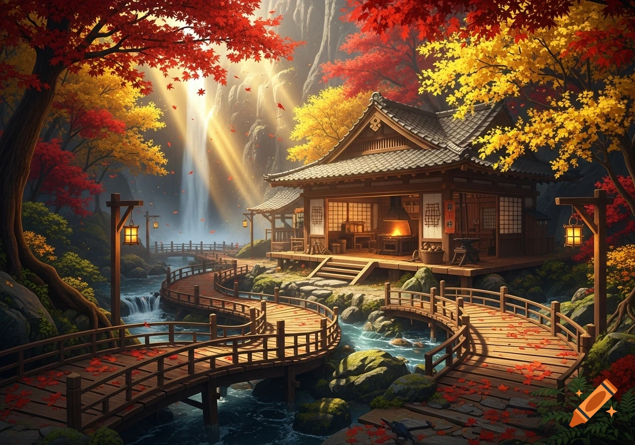 A vibrant autumn landscape featuring a traditional Japanese building with a forge, a waterfall, river, and winding wooden bridges.