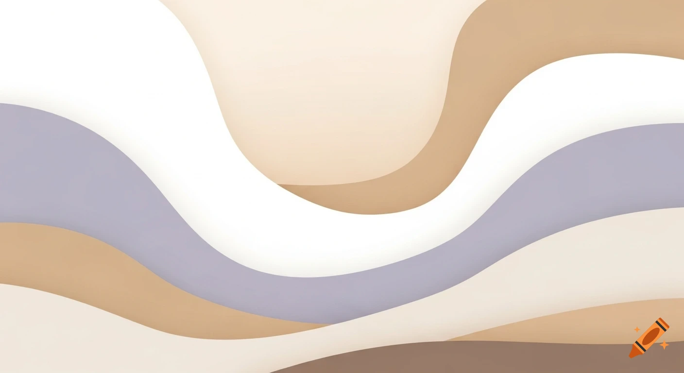 Abstract background with flowing, wavy layers in warm white, soft lavender, beige, and brown tones.
