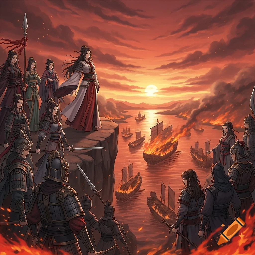Anime illustration of a female general on a cliff overlooking a river battle with burning ships at sunset, surrounded by her warriors.