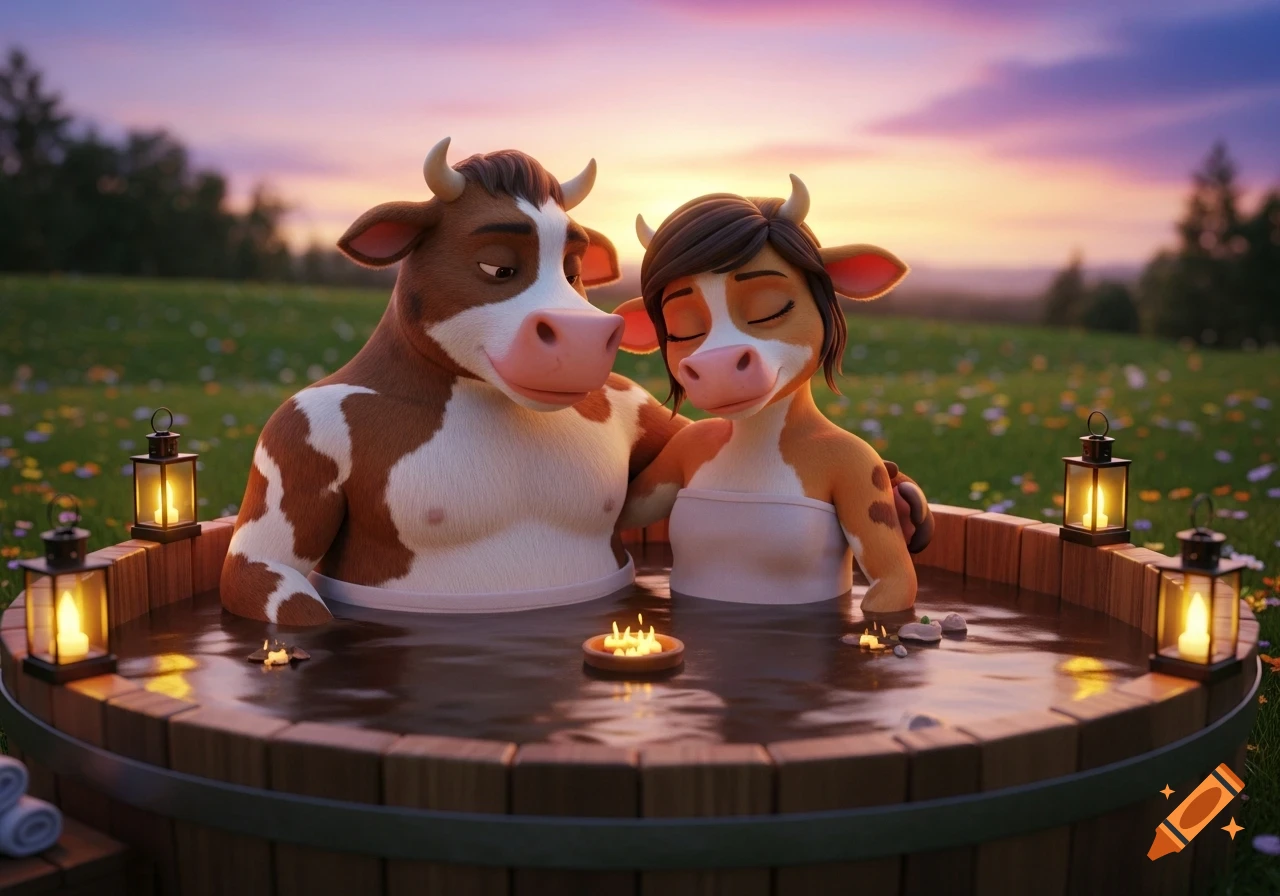 Animated male and female cow couple relaxing in a hot tub during sunset in a grassy field.