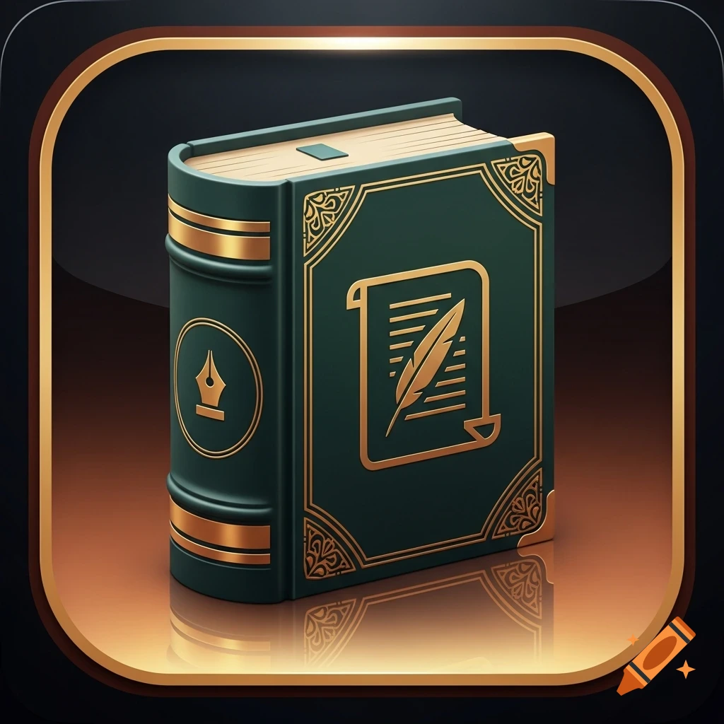 A stylized green and gold book icon featuring an inkwell on its spine and a quill on a scroll on its cover, against a dark reflective background with a gold frame.
