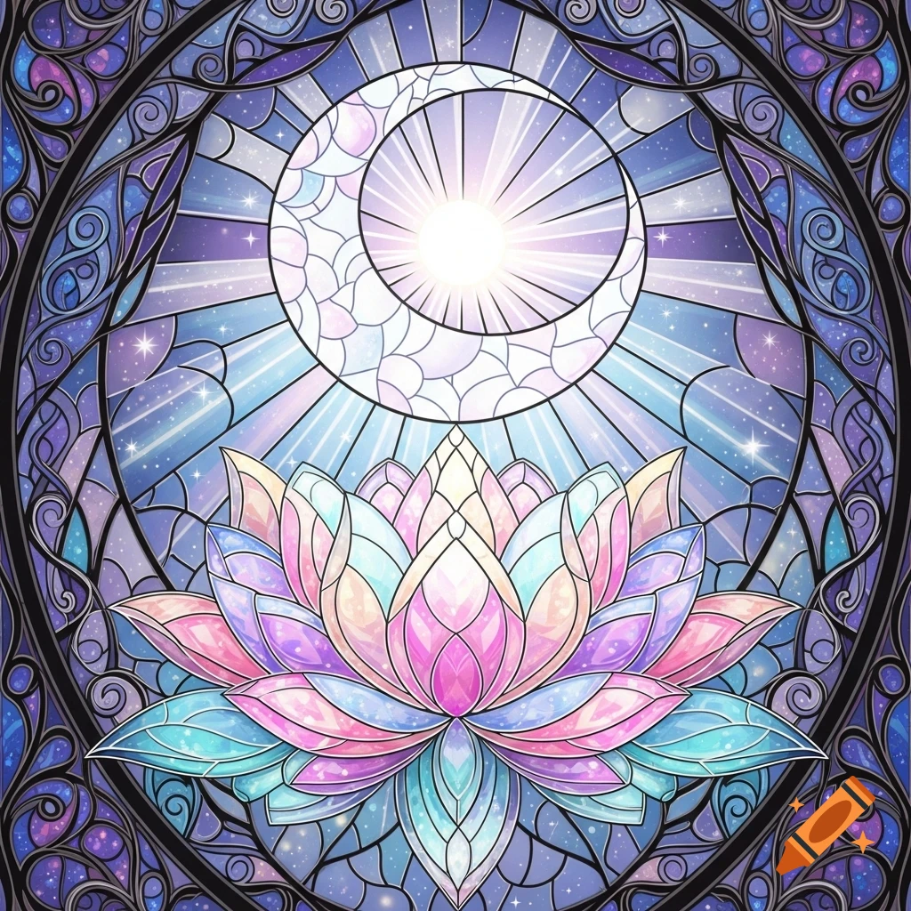 A colorful stained glass window depicting a vibrant lotus flower below a crescent moon, radiating light in a cosmic pattern.