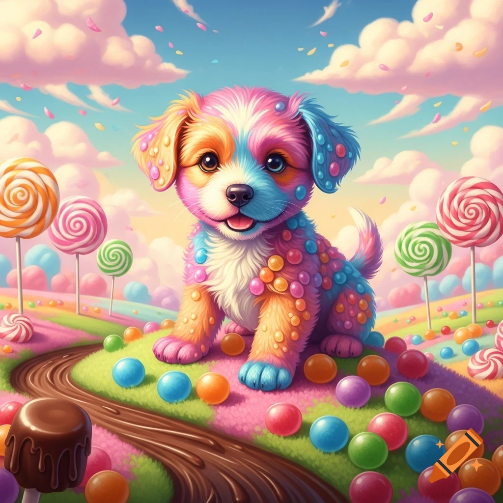A colorful, cartoonish gumdrop puppy sits in a candy land of lollipops, gumballs, and a chocolate river.