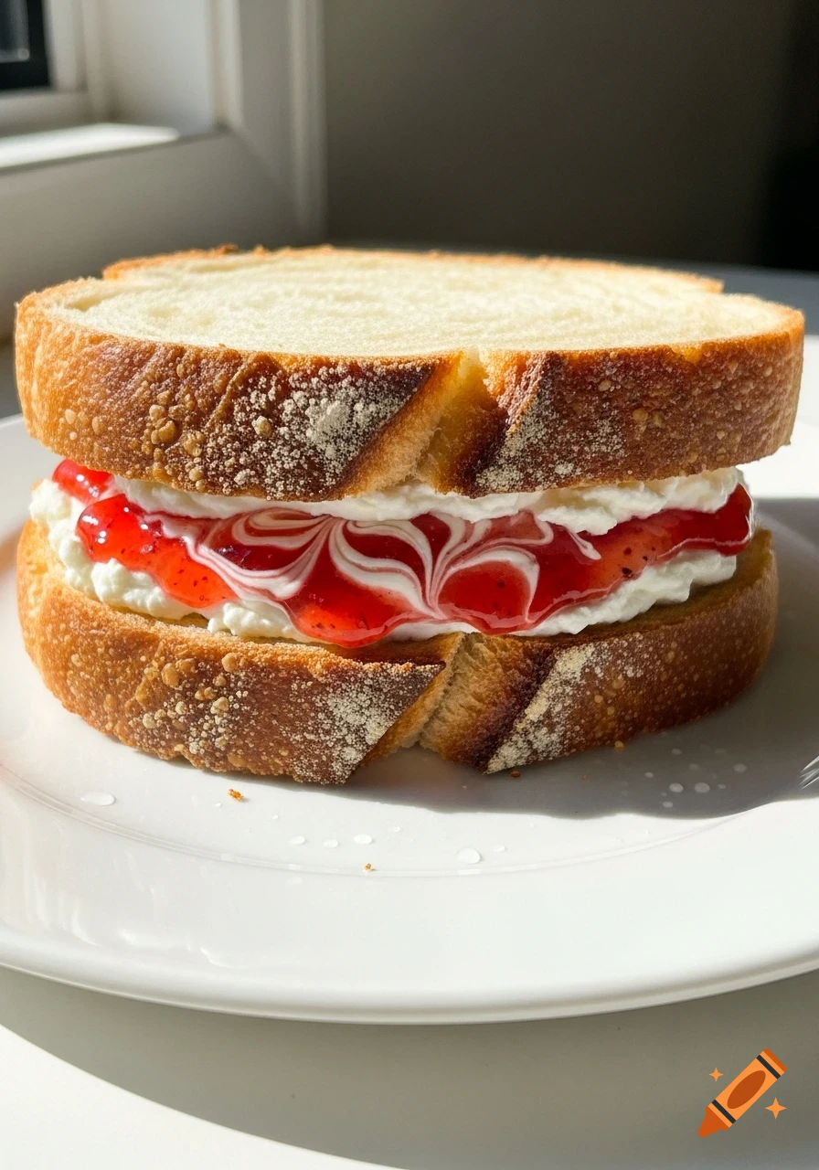 A closed sandwich with fluffy sourdough bread, cream cheese, and swirled strawberry jam on a white plate, brightly lit.