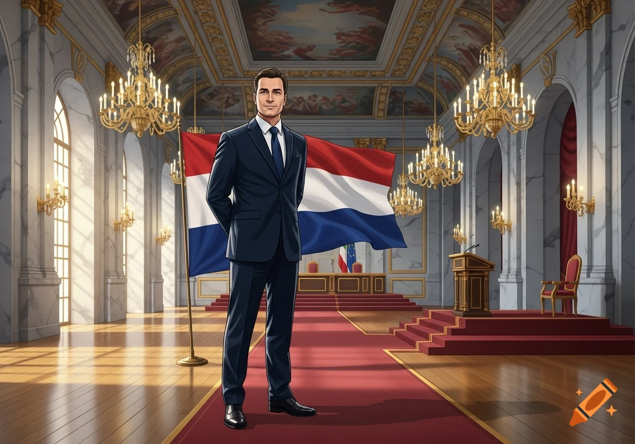 Illustrative man in a dark suit standing on a red carpet in a grand ornate hall with chandeliers and flags.