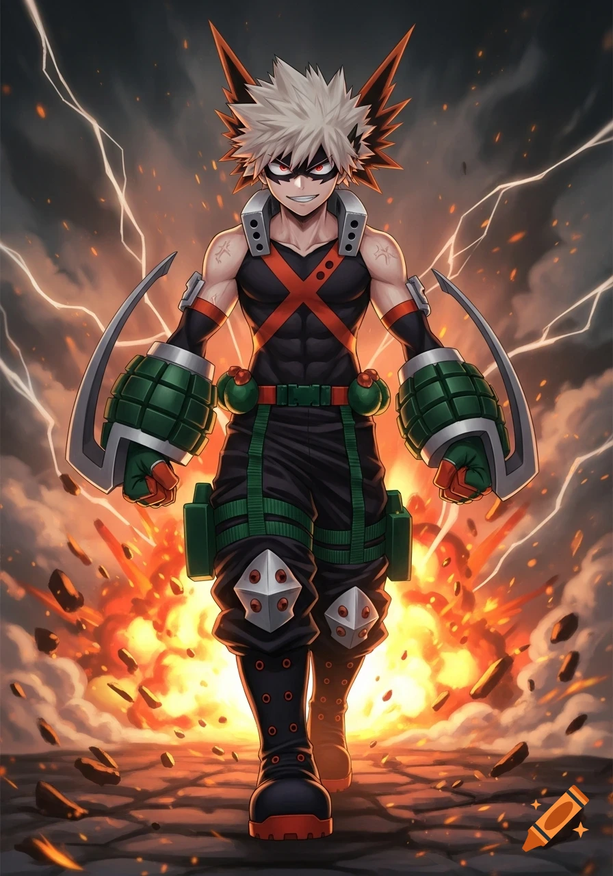 Katsuki Bakugo in hero costume with spiky blonde hair, red eyes, and grenade gauntlets, stands amidst an explosion and lightning, anime style.