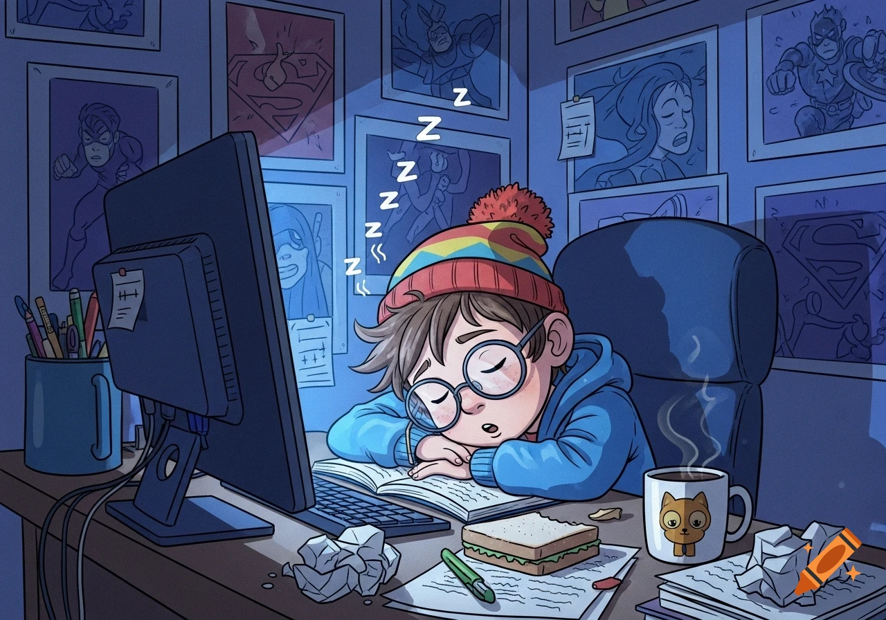 Cartoon boy with glasses and a beanie sleeps slumped on a book at a messy desk with a computer, sandwich, and coffee mug.