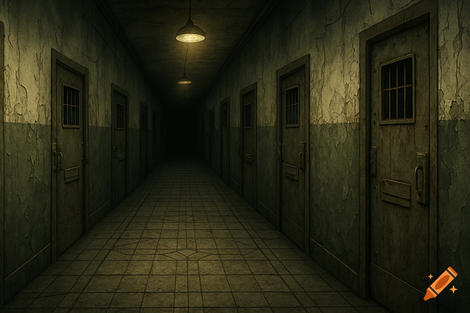 A dark, eerie hallway with peeling walls, multiple cell-like doors with barred windows, and dim overhead lights, creating a chilling atmosphere.