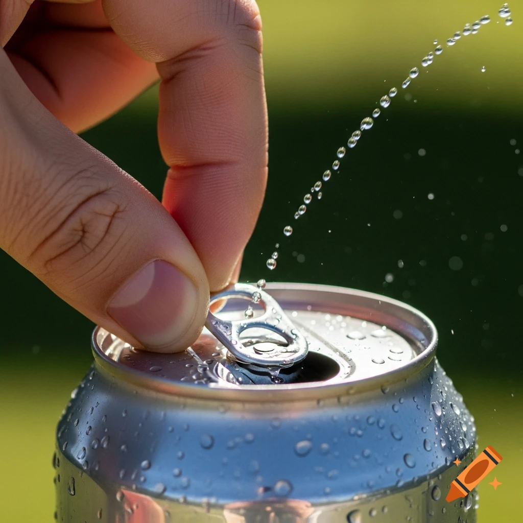 Close-up of a hand opening a cold, wet aluminum soda can with water droplets splashing, photorealistic style.