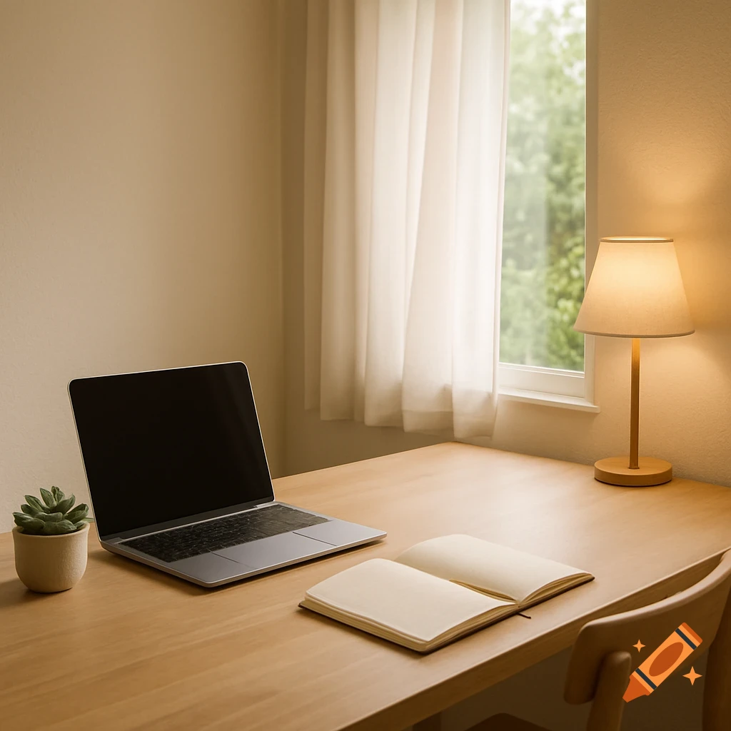 Minimalist workspace with a silver laptop, open notebook, small plant, and a warm-lit lamp on a wooden desk by a window with white curtains.
