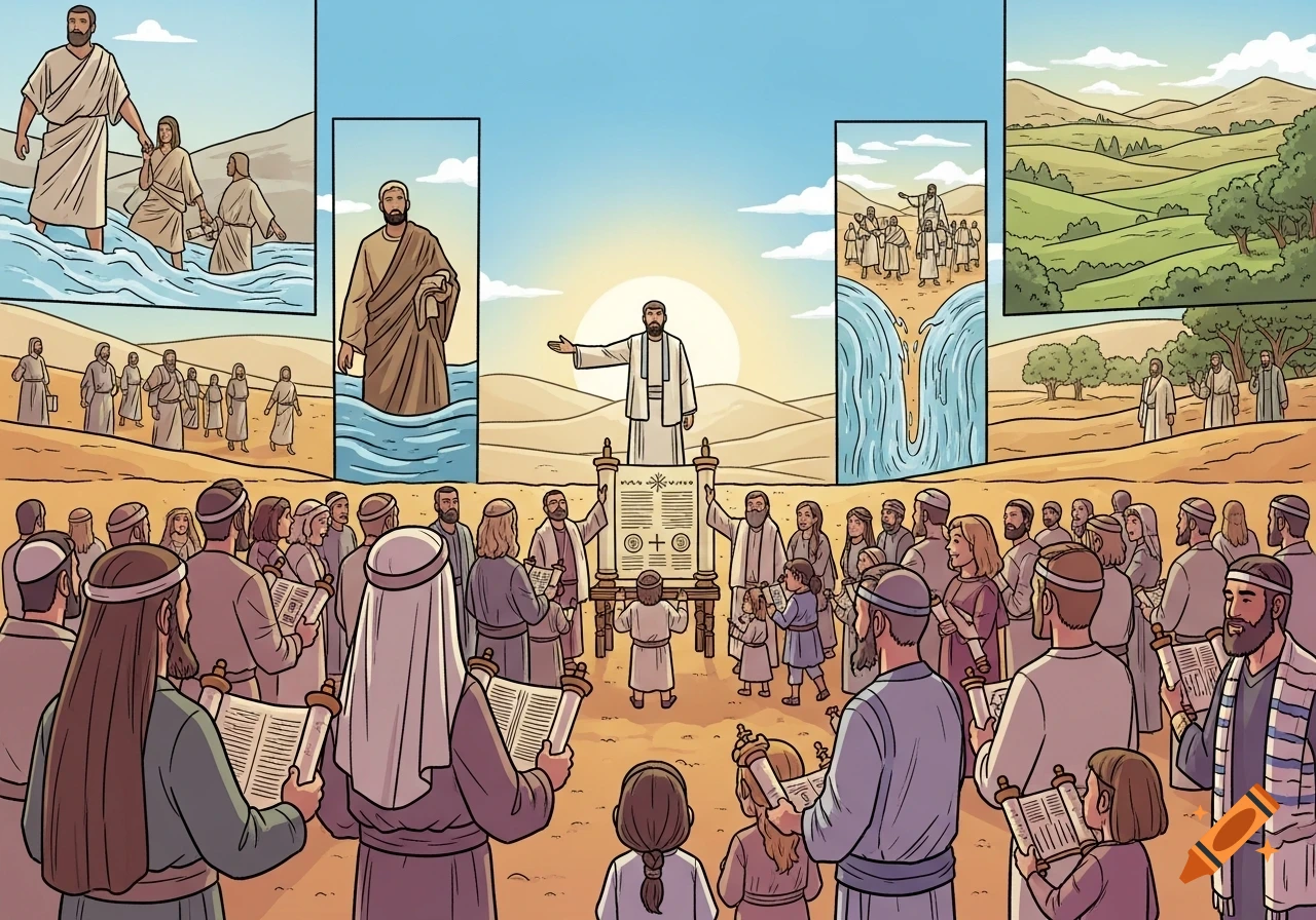 A colorful comic depicts a crowd in a desert with a speaker and religious scrolls. Background scenes show river crossing and a promised land.