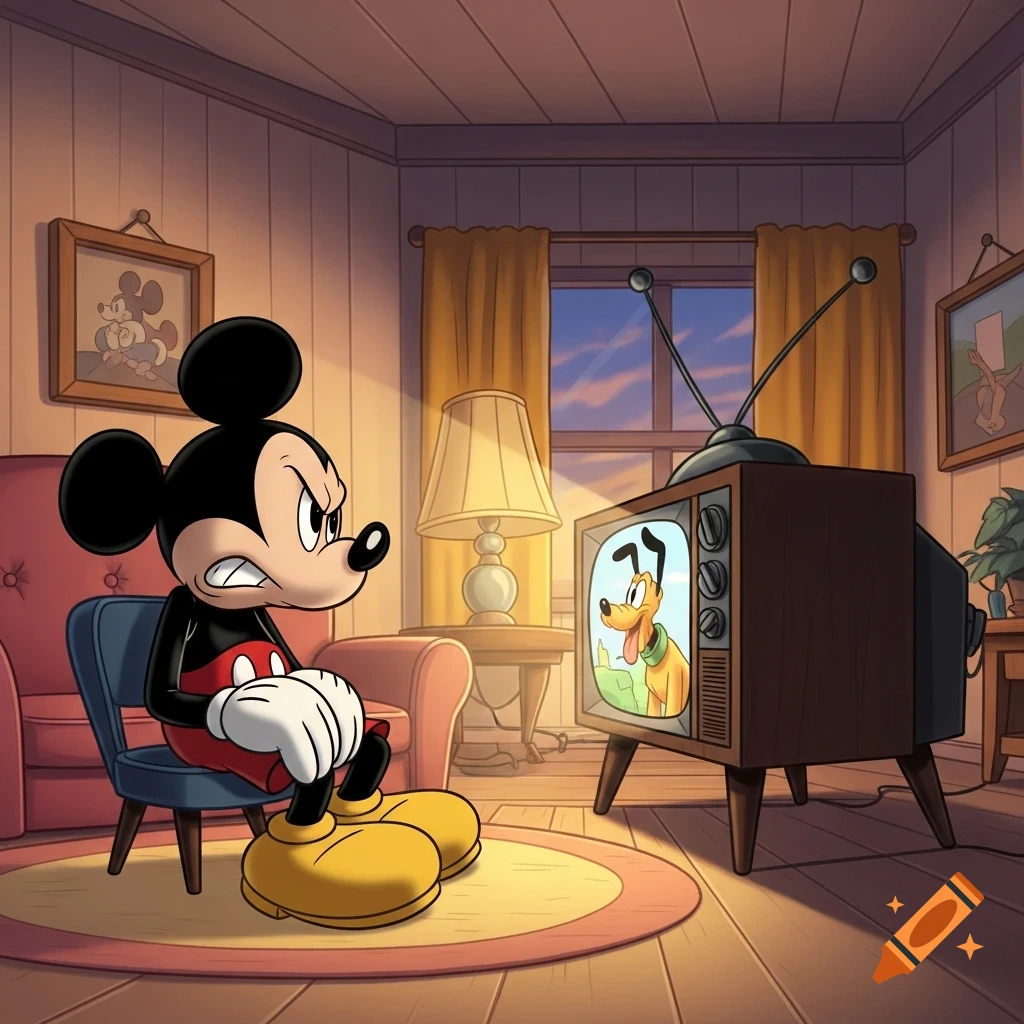 Angry Mickey Mouse watches Pluto on a vintage TV in a cozy cartoon living room.