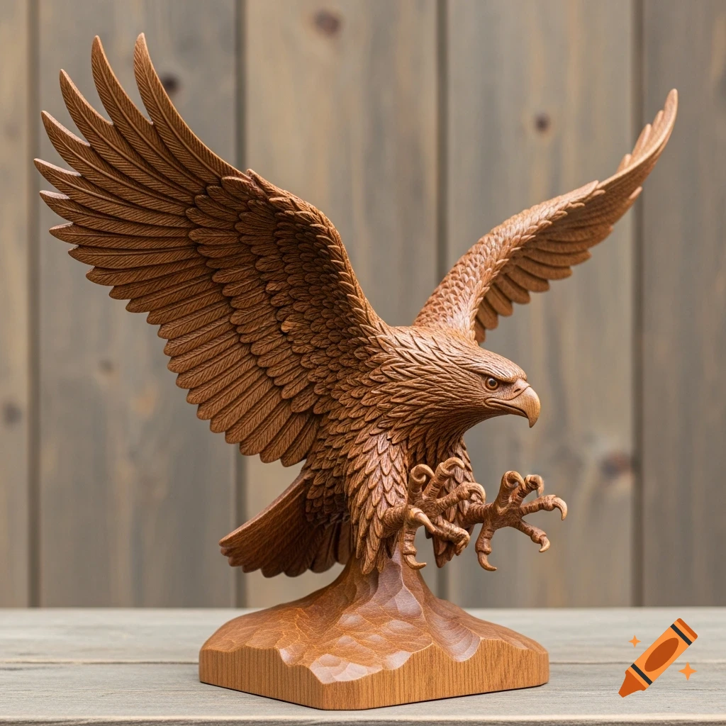 A detailed wood carving of an eagle with outstretched wings and extended talons, landing on a base, against a wooden background.