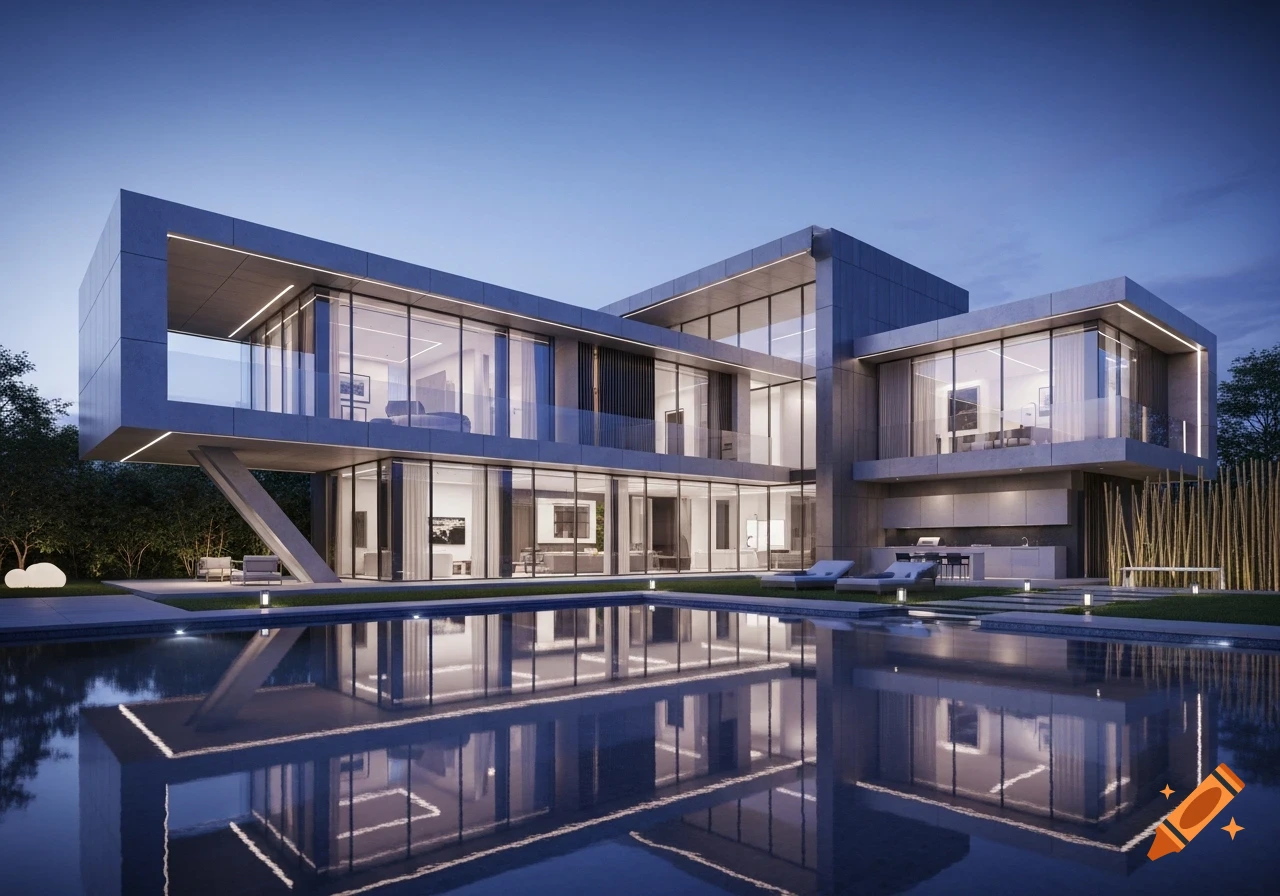 Photorealistic rendering of a modern mansion with large glass windows and a swimming pool, illuminated at dusk with reflections in the water.