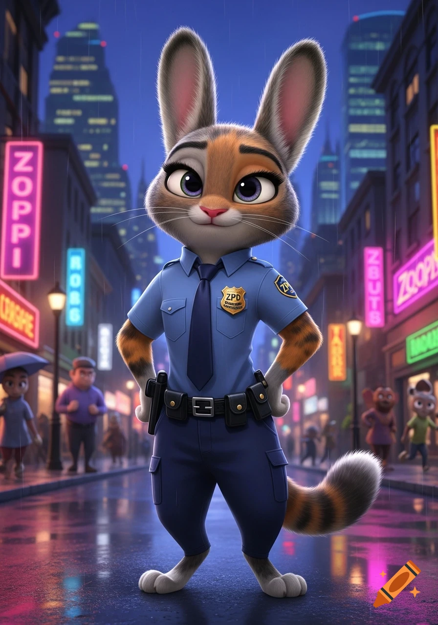 An anthropomorphic calico cat ZPD officer stands in a rainy, neon-lit city street at night, looking forward. Animation style.