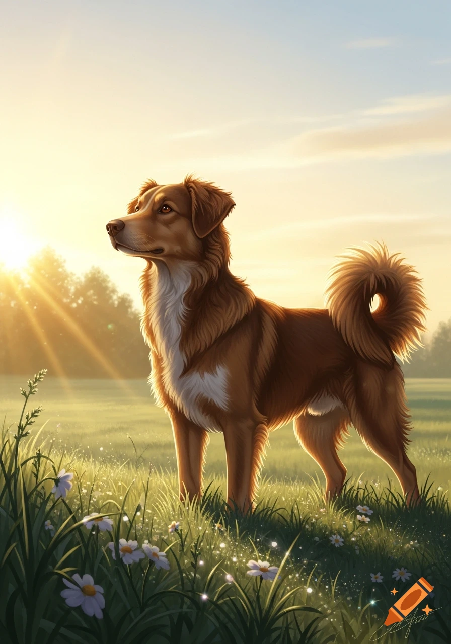 A brown and white dog stands in a sunlit grassy field with white flowers, looking into the golden light.