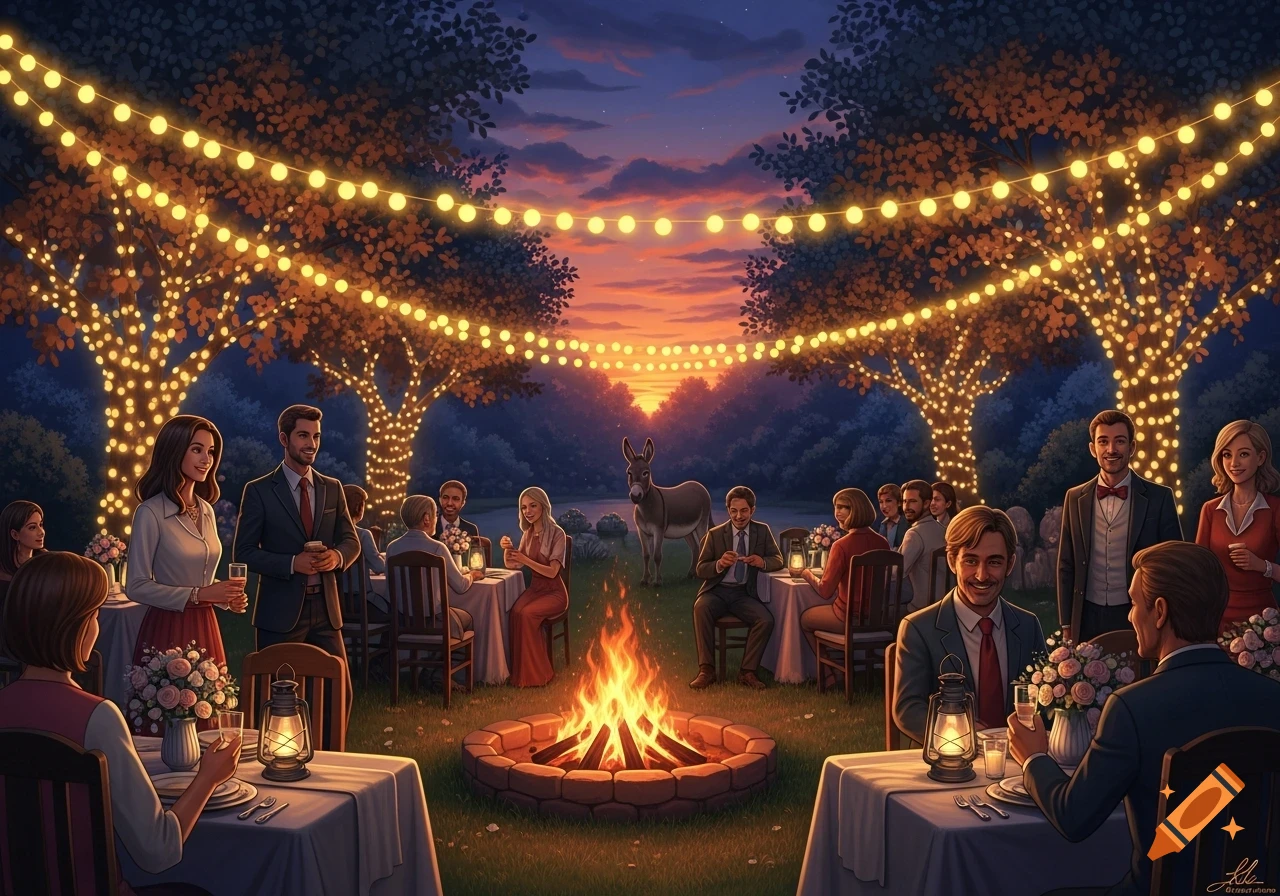 People enjoy a lively garden party at dusk with string lights in trees, a bonfire, and a donkey in the background.