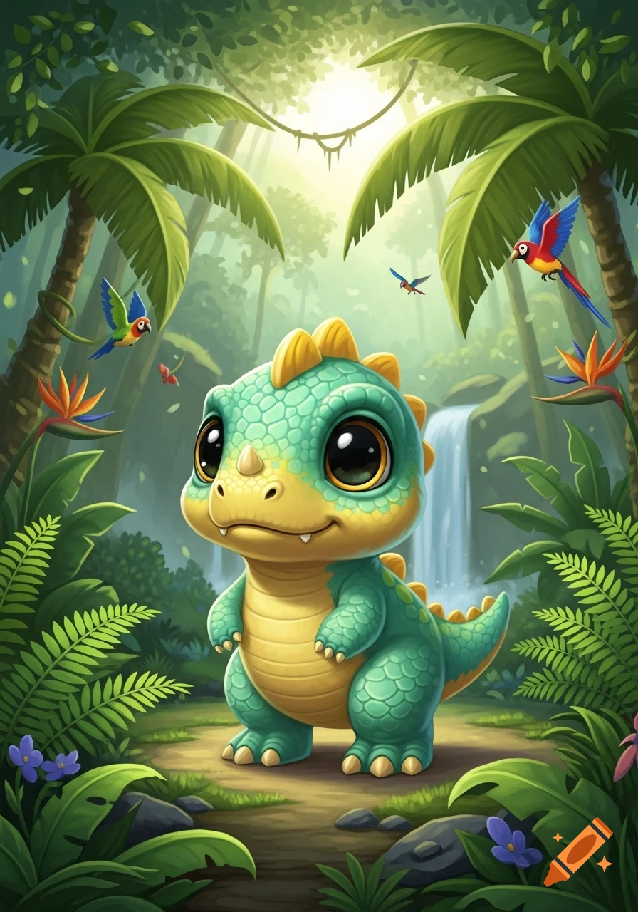 A cute, cartoon-style green and yellow dinosaur with big eyes stands in a vibrant jungle with palm trees, birds, and a waterfall.