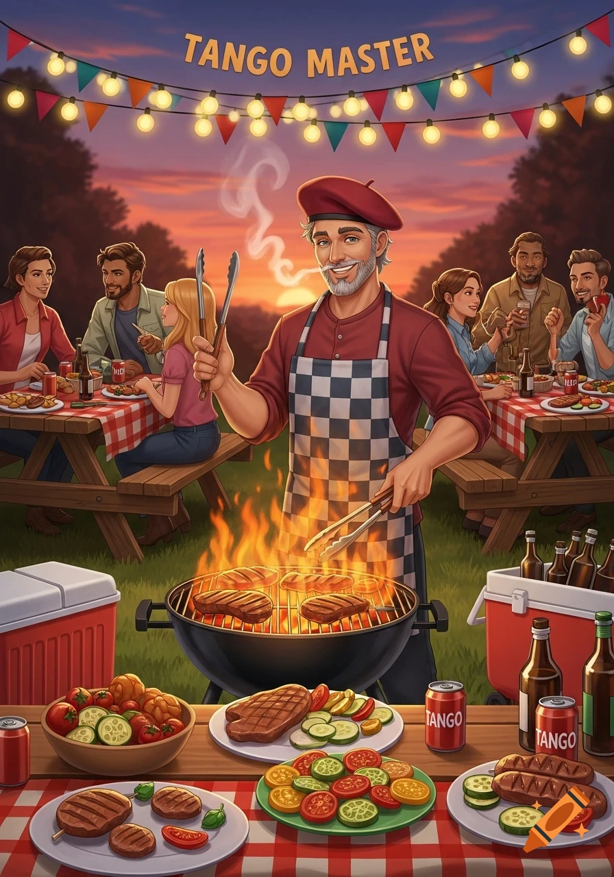 A man in a beret and apron grills food over a fire at a festive outdoor barbecue with friends at sunset.
