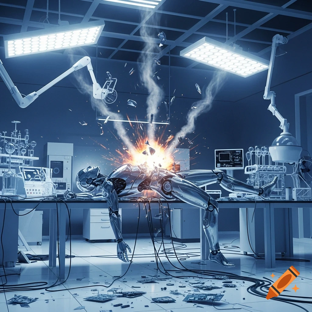 Robot Eexploding A chrome robot explodes with sparks and smoke while lying on a lab ...