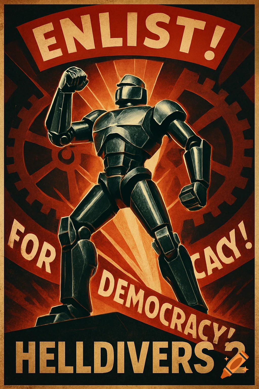 Vintage sci-fi propaganda poster in red and black, featuring a robotic soldier flexing, with text 'ENLIST! FOR DEMOCRACY! HELLDIVERS 2'.