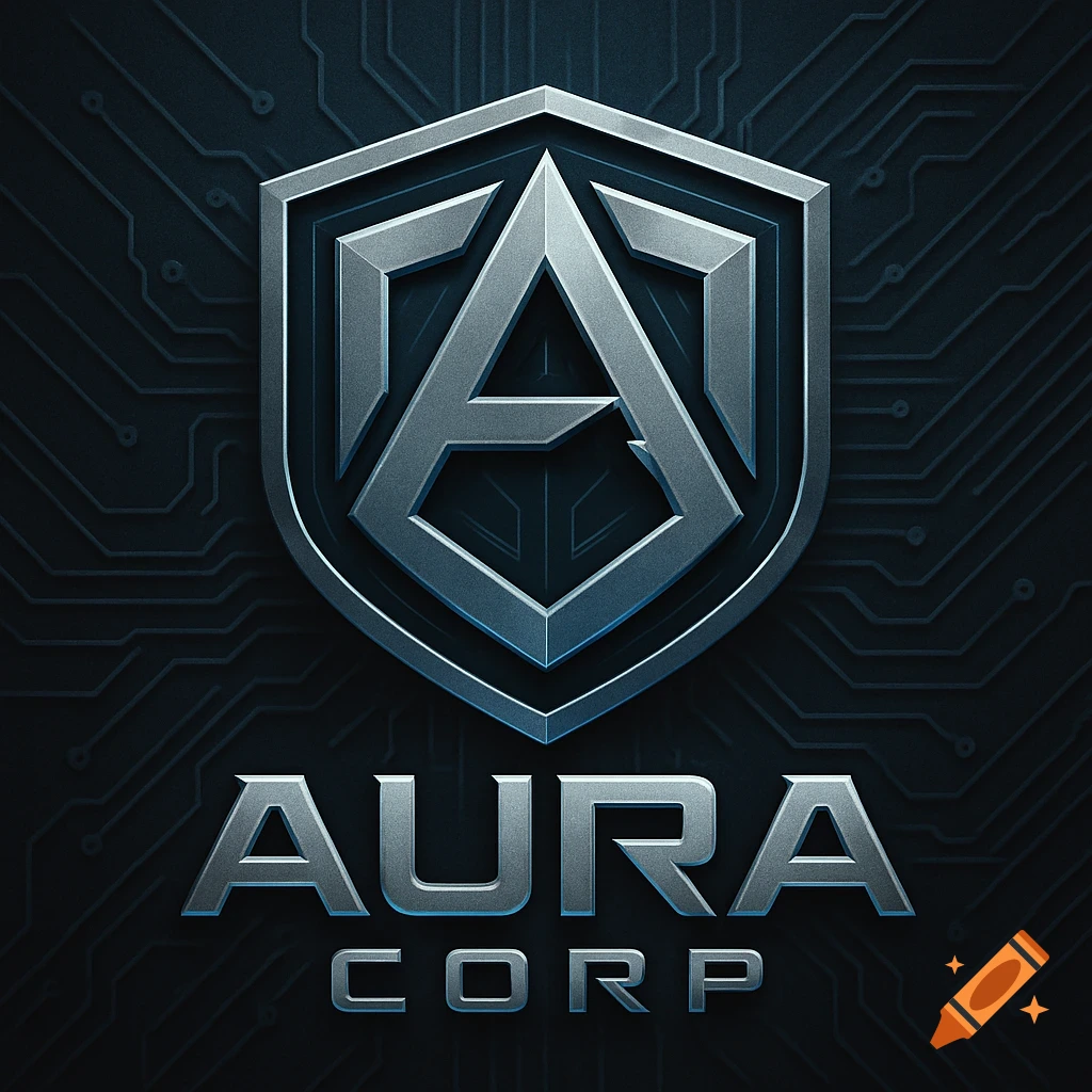 A futuristic metallic shield logo with a stylized 'A' and text 'AURA CORP' on a dark circuit board background.
