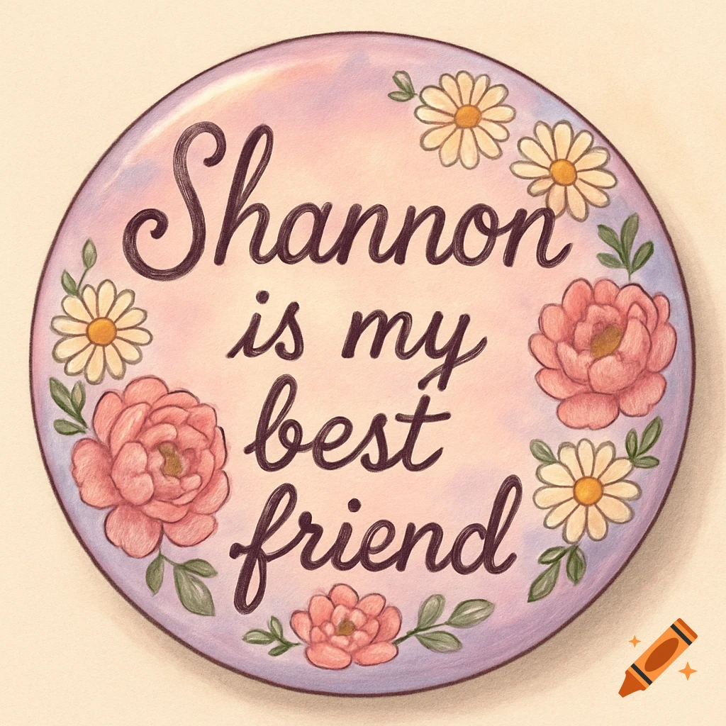 Illustrated round button with 'Shannon is my best friend' text, surrounded by pink peonies and white daisies on a pastel background.