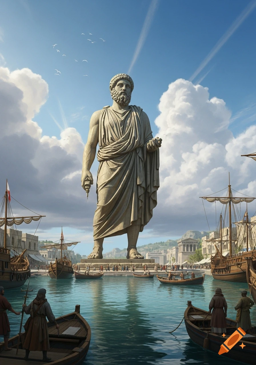A colossal stone statue of a robed man dominates an ancient port with ships, boats, and distant buildings under a cloudy sky.