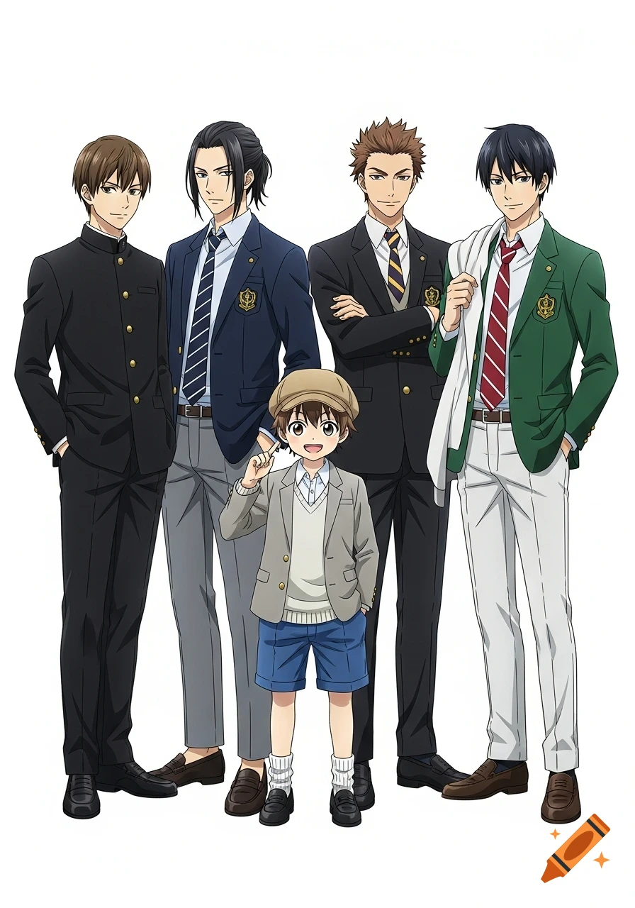 Five male anime characters, ranging from a child to young adults, stand in school uniforms against a white background.