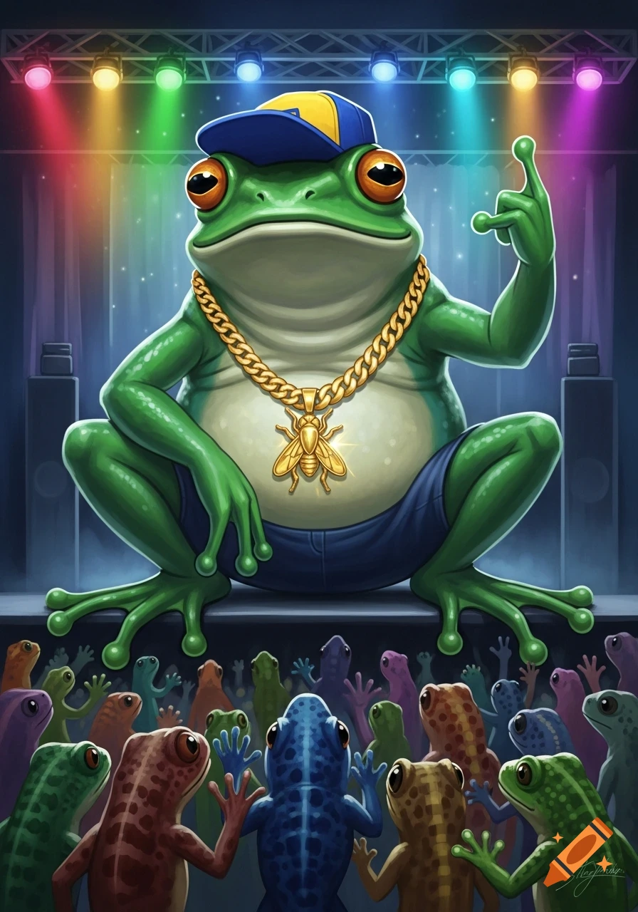 A cartoon bullfrog rapper in a cap, shorts, and gold chain performs on stage for a crowd of smaller, colorful frogs under rainbow spotlights.