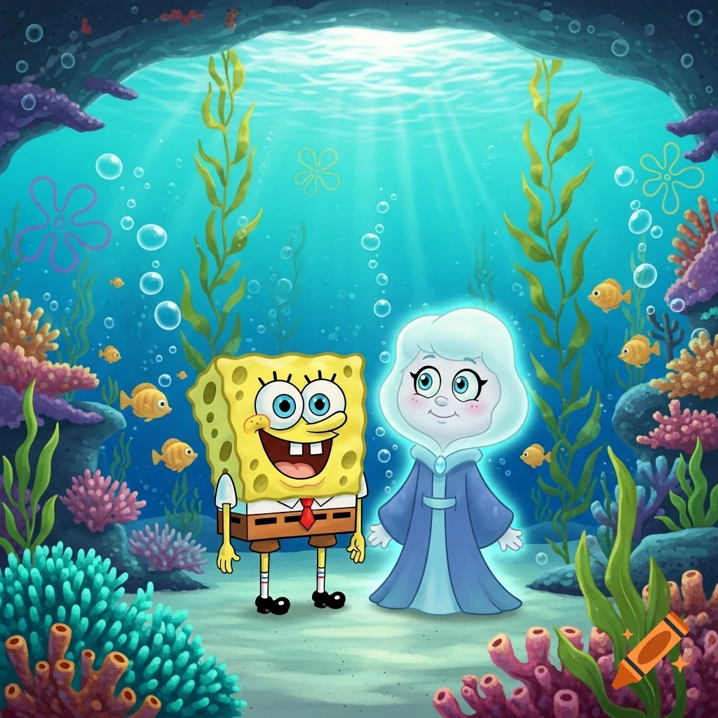 Spongebob Squarepants stands next to a white-haired cartoon girl in a blue dress, glowing underwater among coral reefs and fish.
