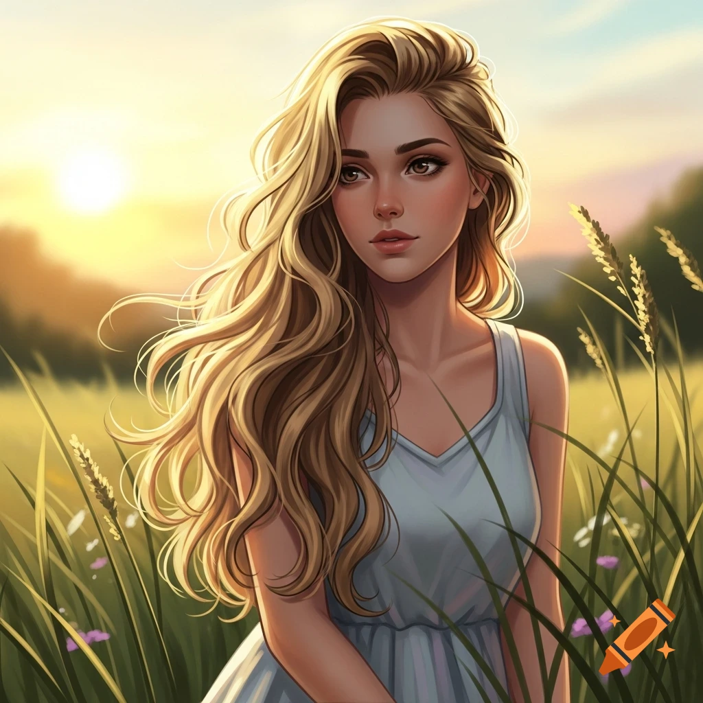 Stylized digital art of a young woman with long blonde wavy hair in a light dress, standing in a sunny field at sunset.