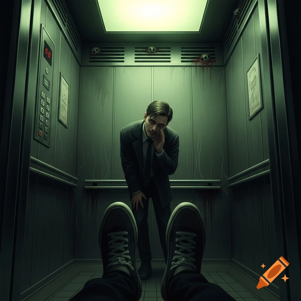 First-person view of a man in a suit bending over with a distressed expression in a dimly lit, green-hued elevator with blood and eyes in the vents.