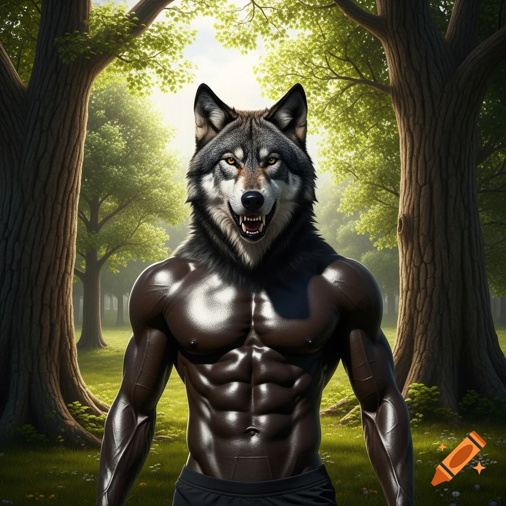 A realistic, muscular man with a wolf head stands in a lush green forest.