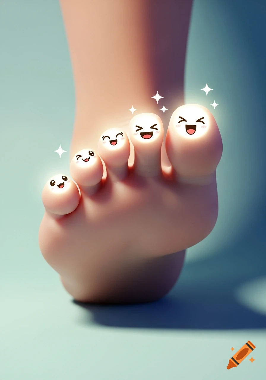 A close-up of a realistic human foot with each toe featuring a glowing, cheerful cartoon face with sparkling eyes.