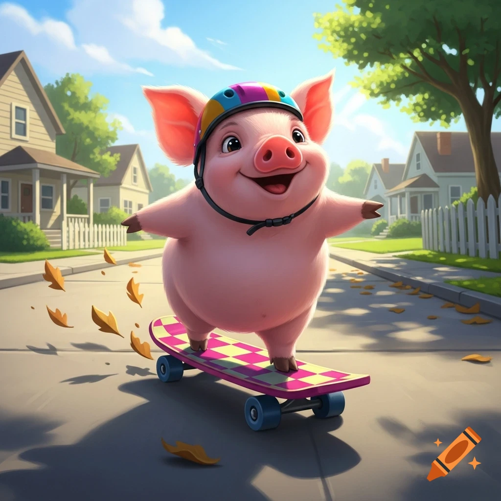 A cute cartoon pig wearing a colorful helmet rides a skateboard down a sunny suburban street with falling leaves.