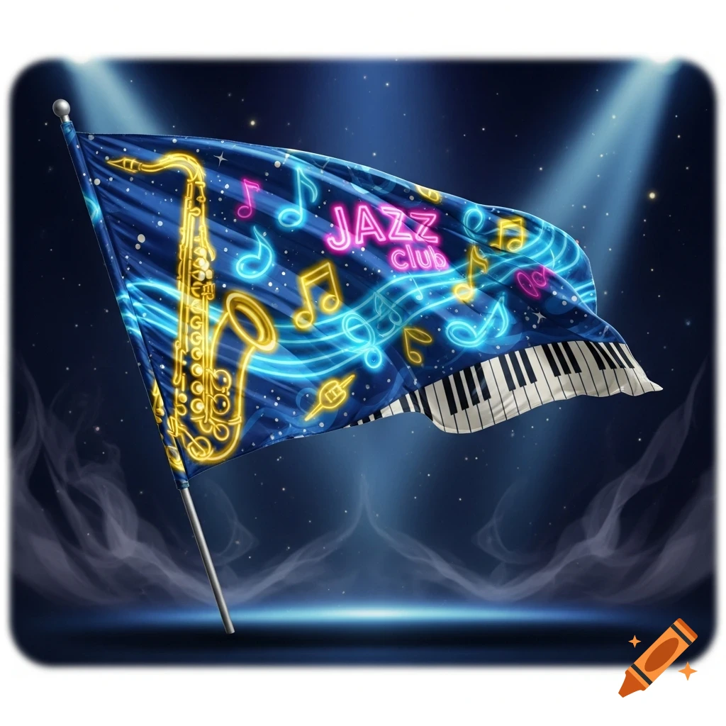 Dark blue flag with glowing neon jazz club theme: saxophone, music notes, 'JAZZ club' text, and piano keys on a dark background.