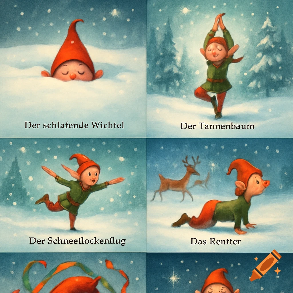 An illustration showing four panels of a Christmas gnome performing different yoga poses in a snowy winter landscape.