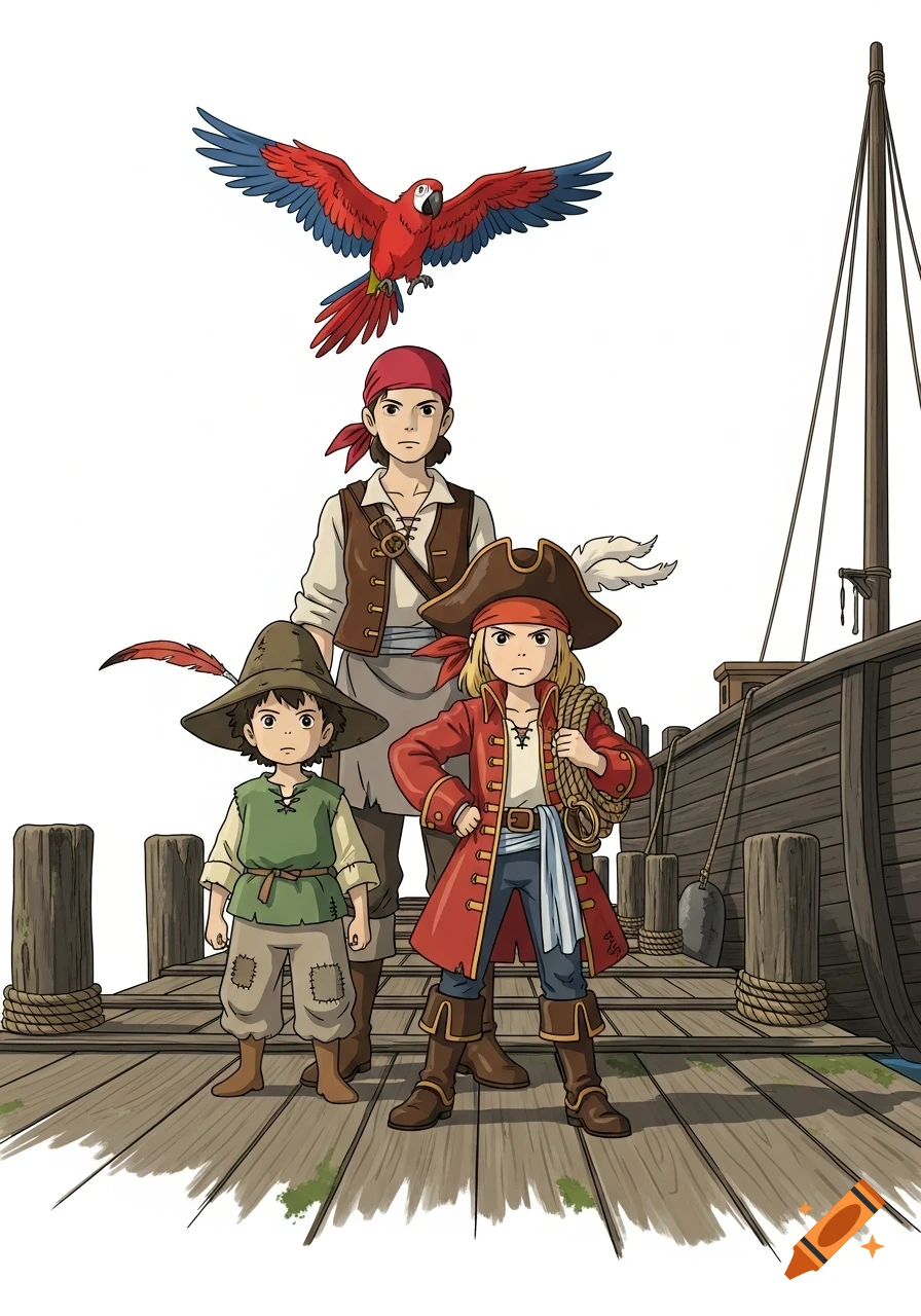 Three Ghibli-style pirate characters and a parrot stand on a wooden dock next to a boat, looking cautious.