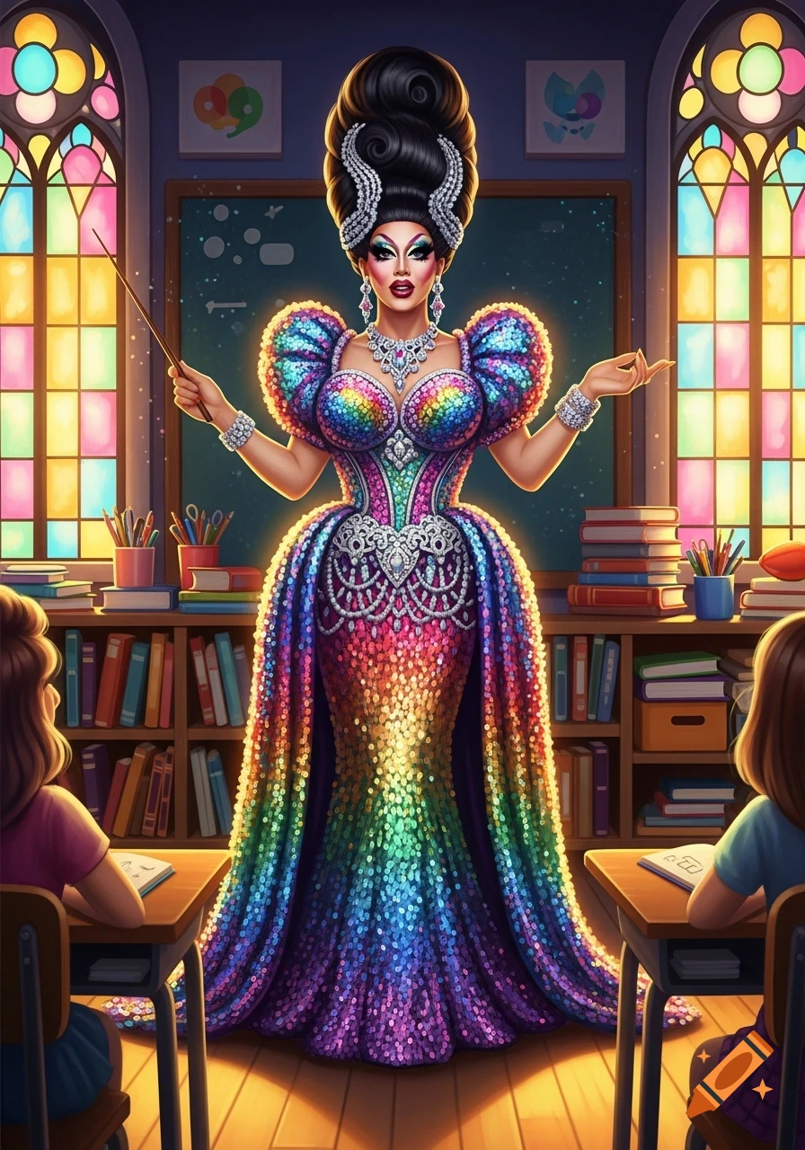 A drag queen in a dazzling, rainbow sequin gown and elaborate hair teaches two students in a vibrant classroom with stained-glass windows.
