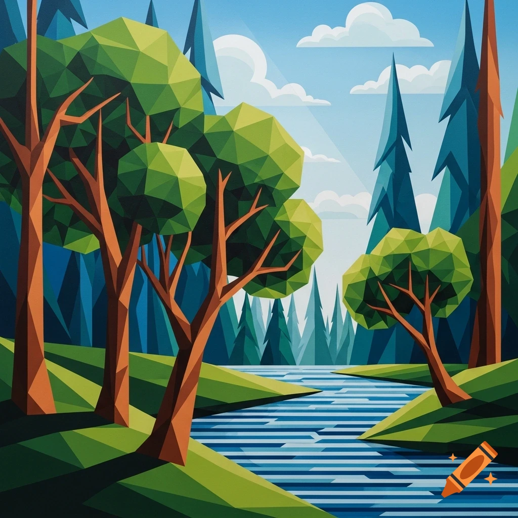 A vibrant geometric hard edge abstract painting of a forest with trees and a river under a blue sky with clouds.