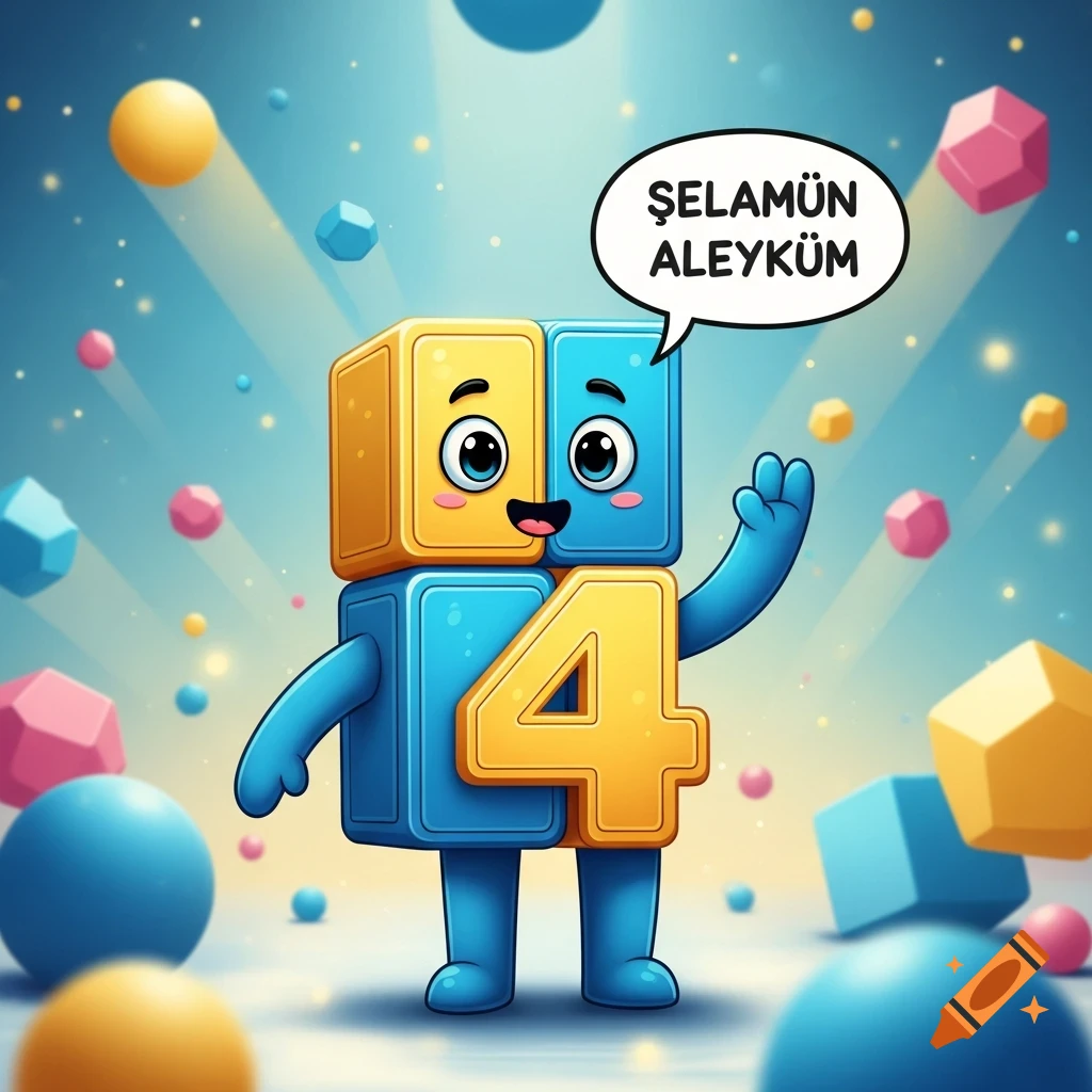 Cartoon Numberblock 4 character, made of blue and yellow blocks, waves and says 'SELAMÜN ALEYKÜM' in a speech bubble.