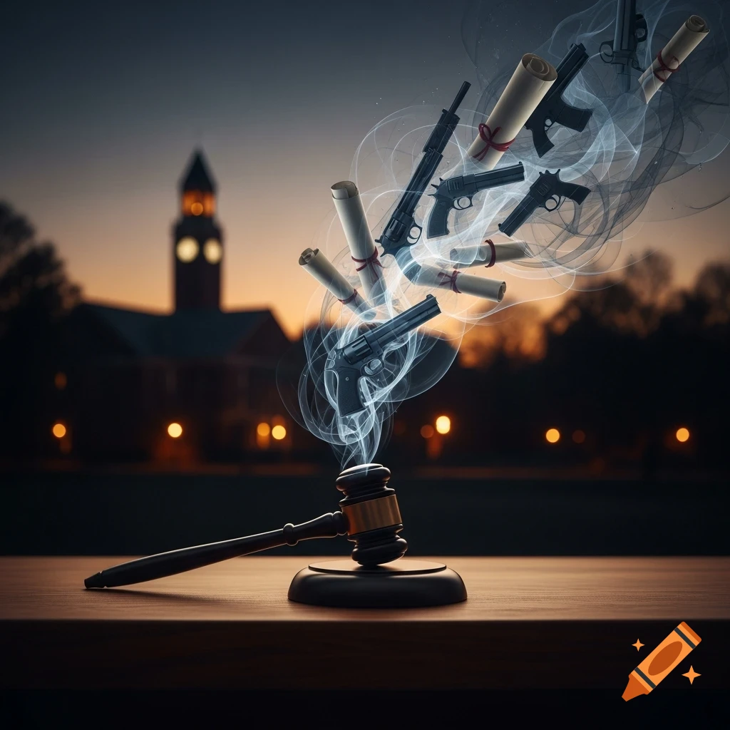 A gavel on a wooden table with smoke, firearms, and scrolls rising from it, silhouetted building with clock tower in background at dusk.