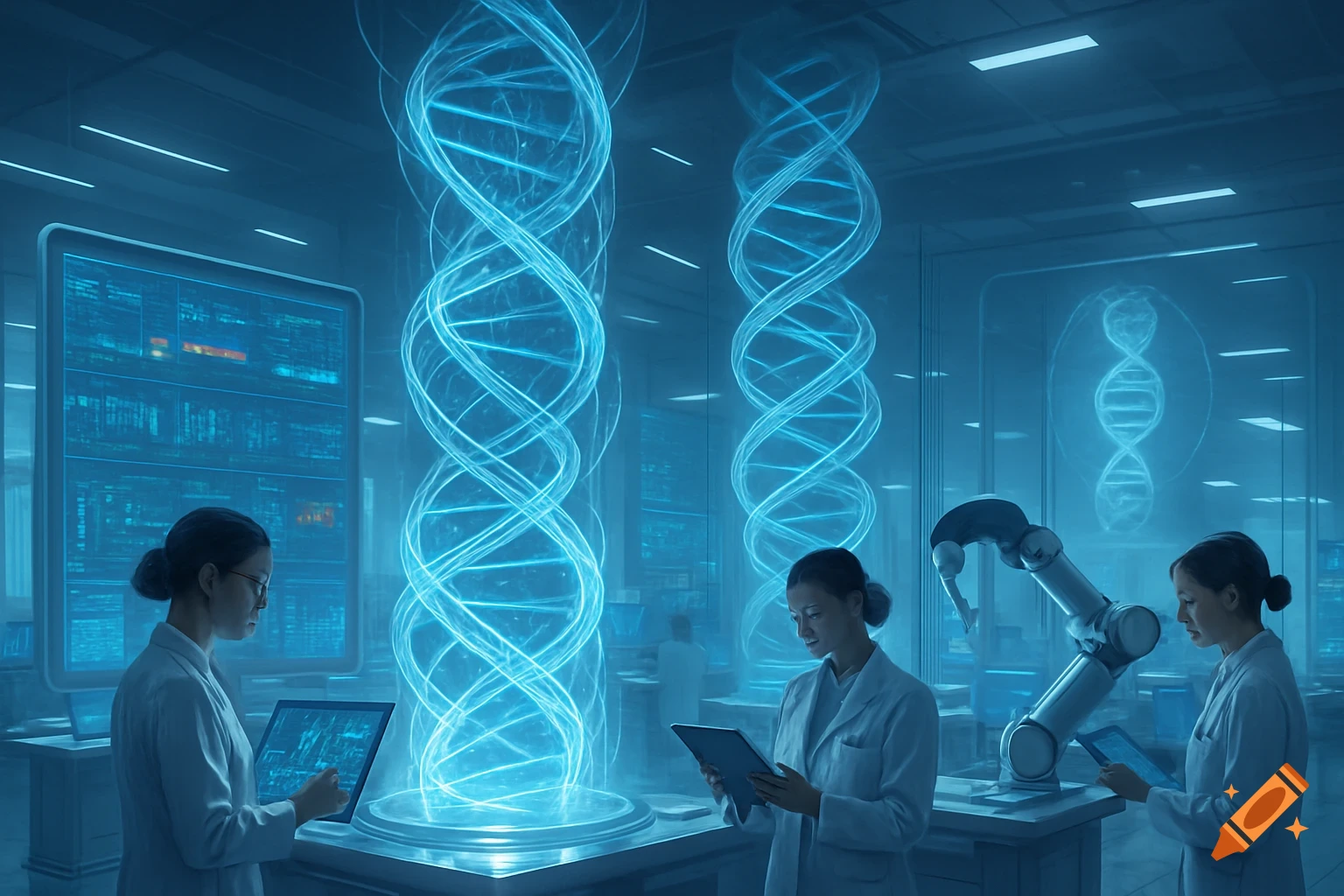 Three scientists in white lab coats work in a futuristic lab with glowing blue DNA helixes and digital screens.