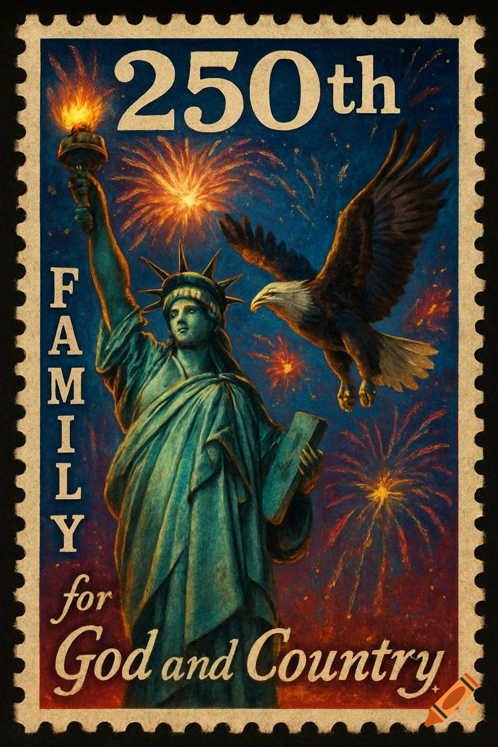 Old-style USA stamp with Statue of Liberty, bald eagle, and fireworks. Text reads 250th, FAMILY, for God and Country.