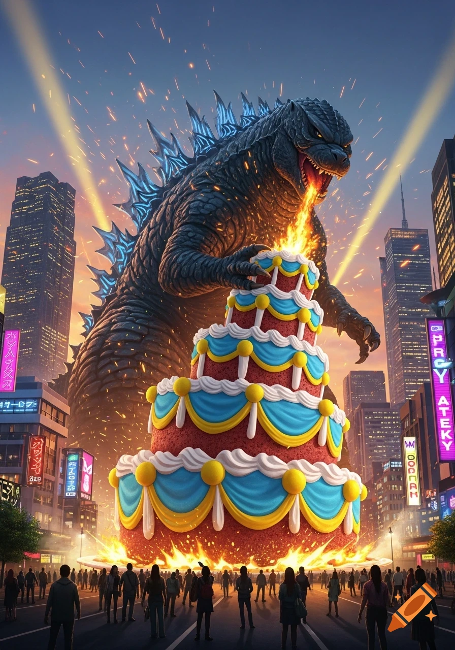 Godzilla breathes fire on a giant multi-tiered birthday cake in a city street filled with onlookers at sunset.